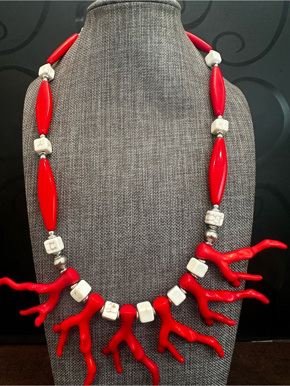 Vibrant Red Branch Necklace with White Accent Beads - Women Jewelry